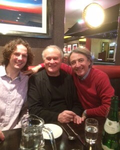 Jean-Efflam Bavouzet, Colin Matthews, Nicholas Collon sitting at a restaurant table