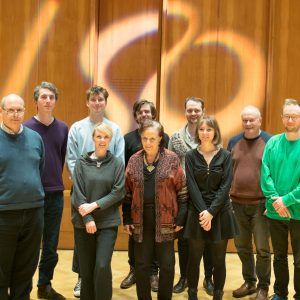 Group pic of composers David Alberman (LSO chair and principal 2nd violin), Christian Mason (composition support) and from left to right Christian Drew, Stef Conner, Chris McCormack, Camilla Panufnik, Patrick Jones, Emma-Kate Matthews, CM, and Alex Paxton.