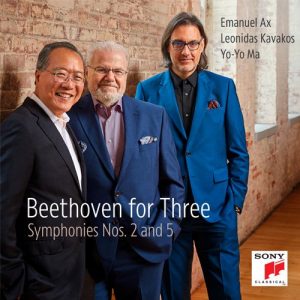 CD cover of Beethoven for Three, Symphonies Nos.2 and 5 - image of Emanuel Ax, Leonidas Kavakos and Yo-Yo Ma